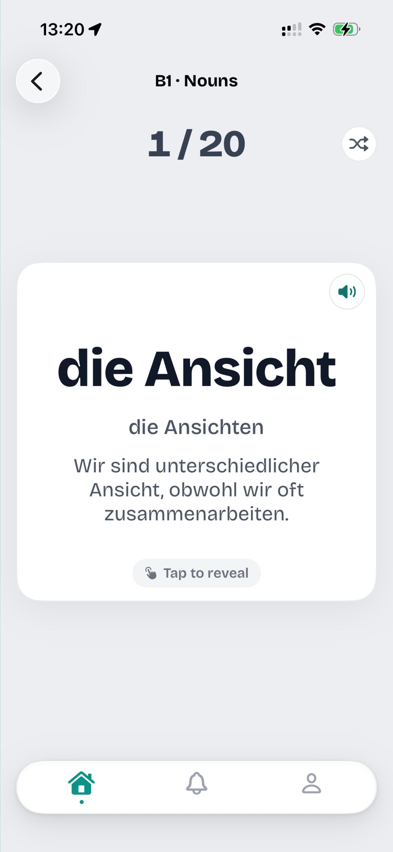 Flashcard review screen showing a German word with example sentence and audio button