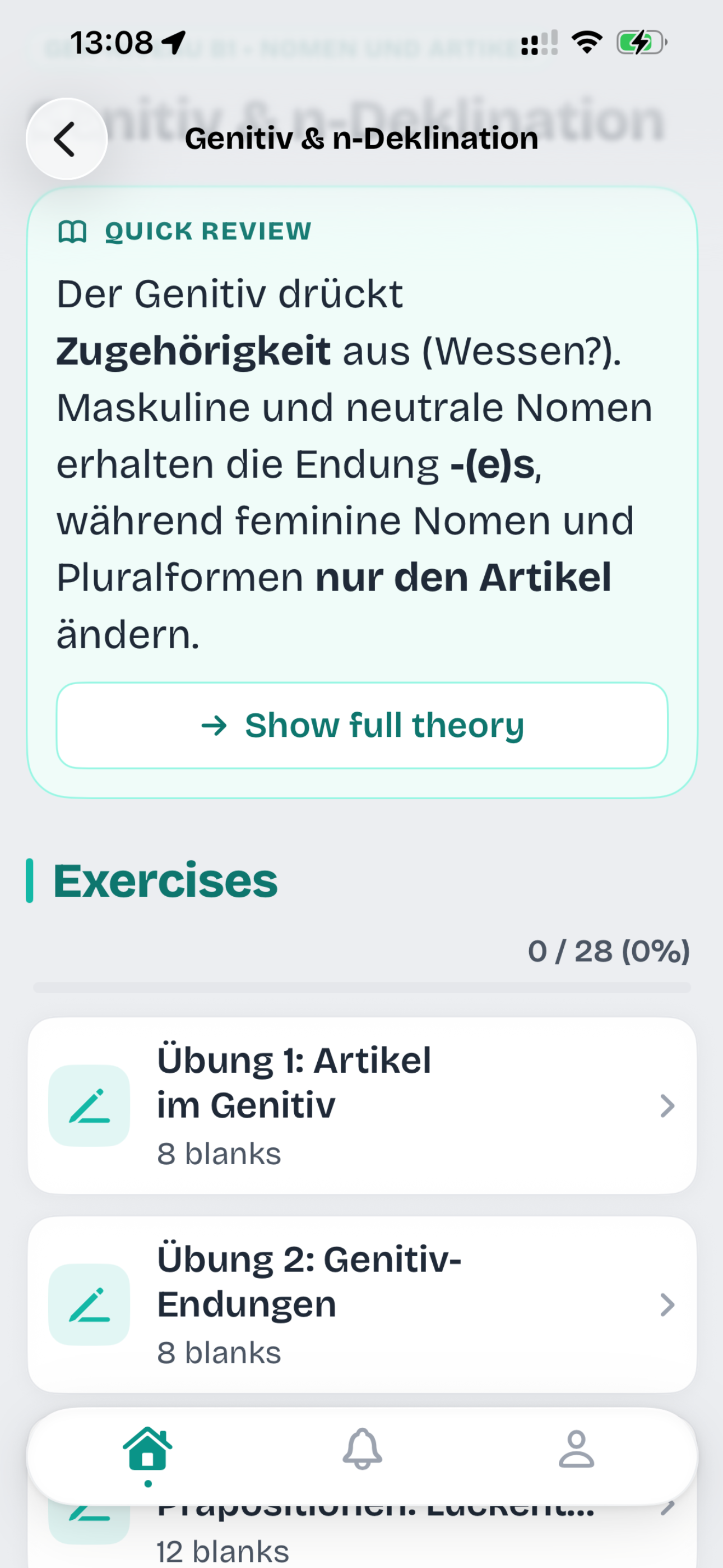 Grammar exercise screen showing a multiple choice question with instant feedback