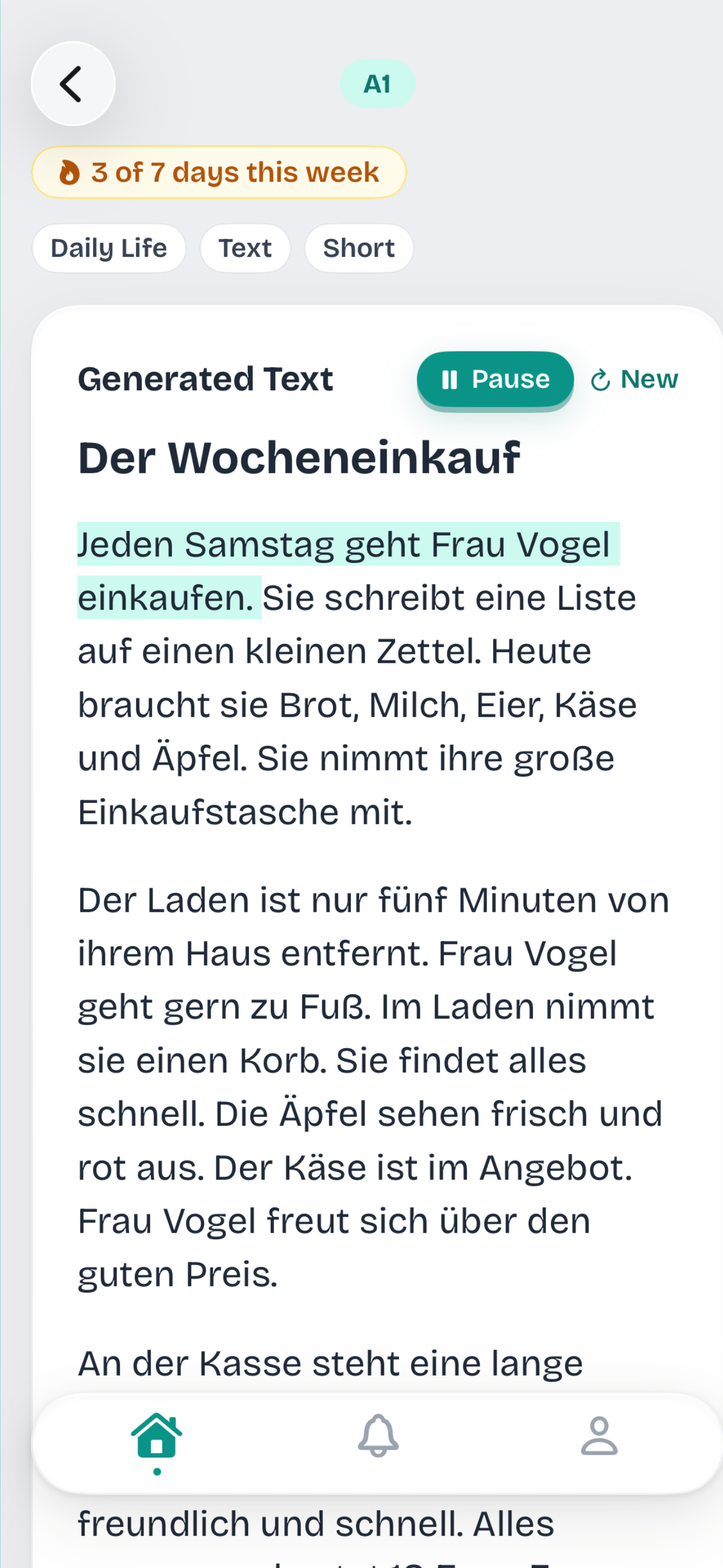 Reading screen with a generated German text and tap-to-save vocabulary