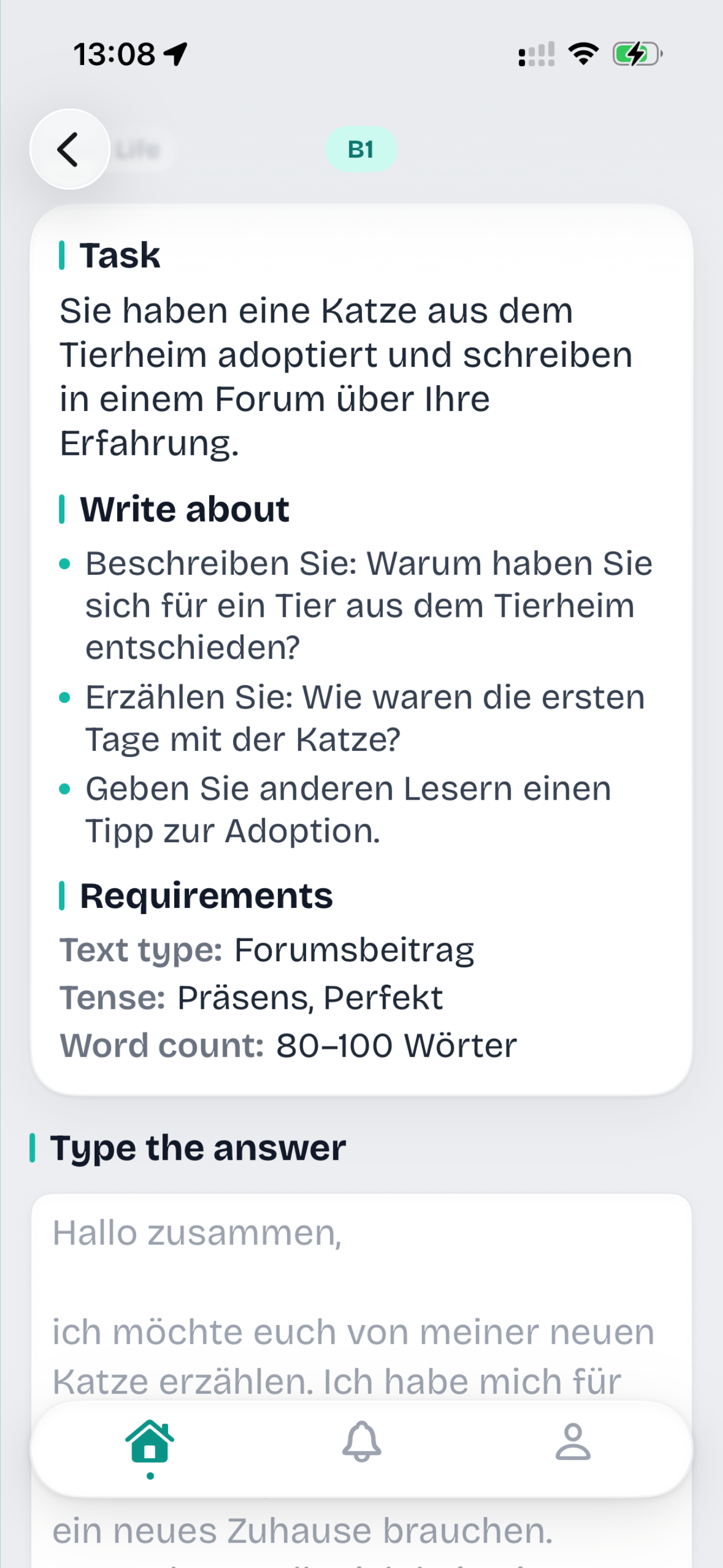 Writing prompt screen with a German task and a side-by-side model answer view